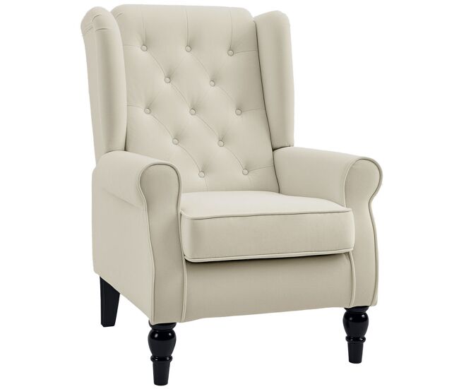 Homcom sillón orejero moderno, butaca de salón con reposabrazos y patas de madera, sofá individual carga 160 kg para oficina, sala de estar y dormitorio, crema