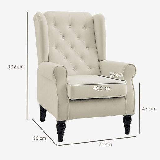 HOMCOM Poltrona de Sala de Estar Poltrona Moderna para Dormitório com Pés de Madeira Poltrona Individual Carga 160 kg para Escritório 74x86x102 cm Creme
