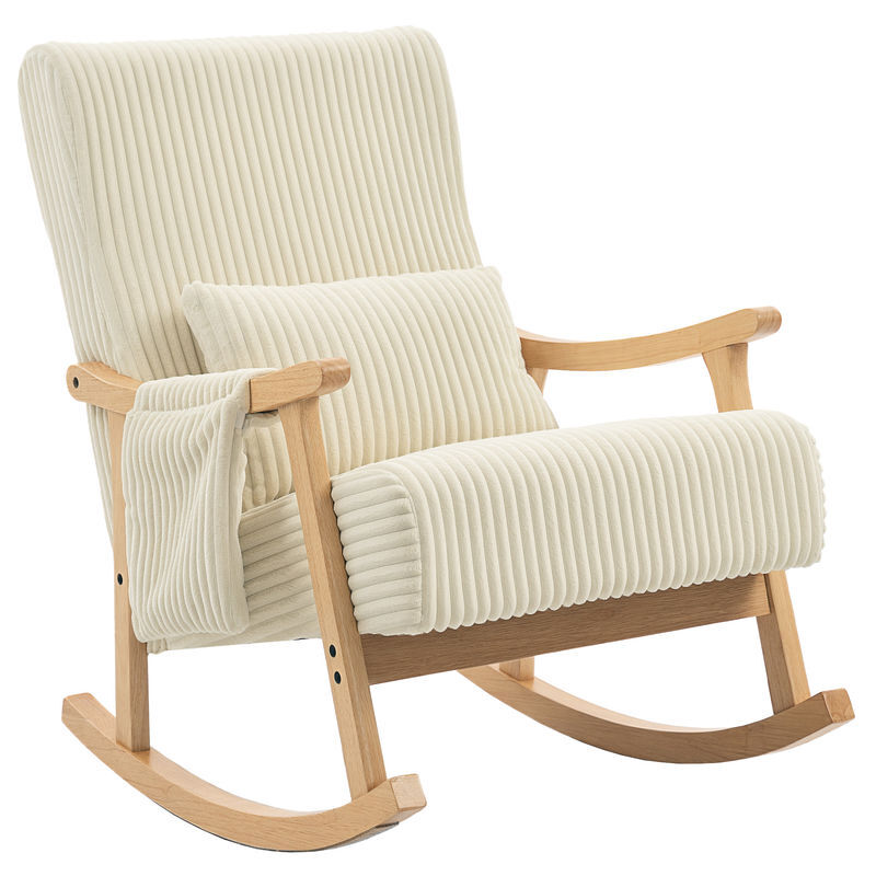 Homcom silla mecedora, mecedora de pana con cojín lumbar, patas y reposabrazos de madera, asiento ancho, bolsillo, estilo moderno, sillón de relax, carga 120 kg, para dormitorio, salón, beige