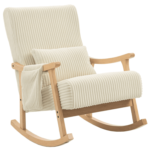 HOMCOM Cadeira de Baloiço, Cadeira de Veludo Cotelê com Almofada Lombar, Pés e Braços em Madeira, Assento Largo, Bolso Lateral, Estilo Moderno, Cadeira de Relaxamento, Suporta até 120 kg, para Quarto ou Sala, Bege