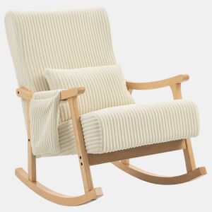 HOMCOM Cadeira de Baloiço, Cadeira de Veludo Cotelê com Almofada Lombar, Pés e Braços em Madeira, Assento Largo, Bolso Lateral, Estilo Moderno, Cadeira de Relaxamento, Suporta até 120 kg, para Quarto ou Sala, Bege