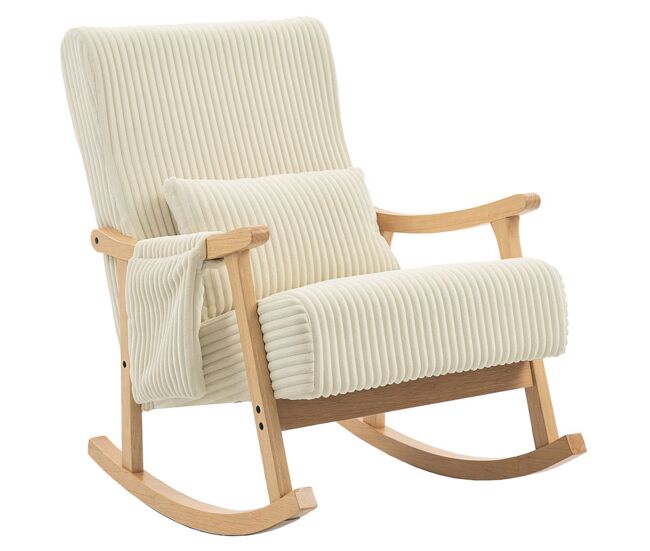 Homcom silla mecedora, mecedora de pana con cojín lumbar, patas y reposabrazos de madera, asiento ancho, bolsillo, estilo moderno, sillón de relax,