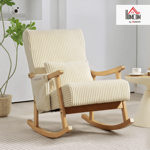 HOMCOM Cadeira de Baloiço, Cadeira de Veludo Cotelê com Almofada Lombar, Pés e Braços em Madeira, Assento Largo, Bolso Lateral, Estilo Moderno, Cadeira de Relaxamento, Suporta até 120 kg, para Quarto ou Sala, Bege