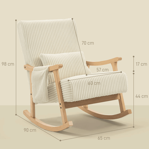 HOMCOM Cadeira de Baloiço, Cadeira de Veludo Cotelê com Almofada Lombar, Pés e Braços em Madeira, Assento Largo, Bolso Lateral, Estilo Moderno, Cadeira de Relaxamento, Suporta até 120 kg, para Quarto ou Sala, Bege