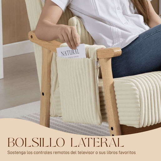 HOMCOM Cadeira de Baloiço, Cadeira de Veludo Cotelê com Almofada Lombar, Pés e Braços em Madeira, Assento Largo, Bolso Lateral, Estilo Moderno, Cadeira de Relaxamento, Suporta até 120 kg, para Quarto ou Sala, Bege