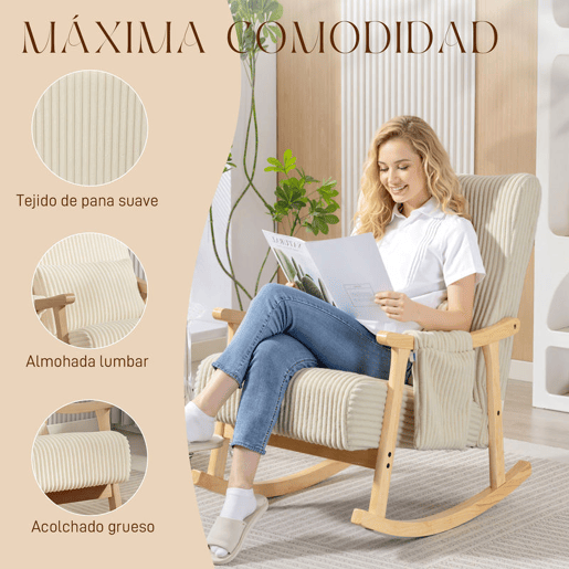 HOMCOM Cadeira de Baloiço, Cadeira de Veludo Cotelê com Almofada Lombar, Pés e Braços em Madeira, Assento Largo, Bolso Lateral, Estilo Moderno, Cadeira de Relaxamento, Suporta até 120 kg, para Quarto ou Sala, Bege