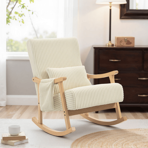 HOMCOM Cadeira de Baloiço, Cadeira de Veludo Cotelê com Almofada Lombar, Pés e Braços em Madeira, Assento Largo, Bolso Lateral, Estilo Moderno, Cadeira de Relaxamento, Suporta até 120 kg, para Quarto ou Sala, Bege