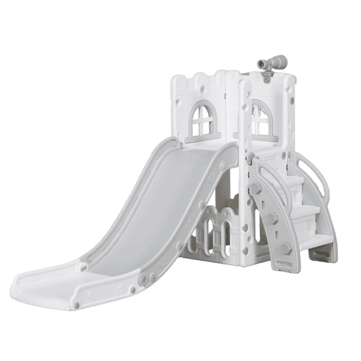 AIYAPLAY Escorrega Infantil 5 em 1 Escorrega para Crianças de 1-3 Anos com Cesto de Basquetebol Telescópio Escalador e Cesta Inferior para Interior e Exterior 70x177x92 cm Branco e Cinza