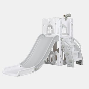 AIYAPLAY Escorrega Infantil 5 em 1 Escorrega para Crianças de 1-3 Anos com Cesto de Basquetebol Telescópio Escalador e Cesta Inferior para Interior e Exterior 70x177x92 cm Branco e Cinza