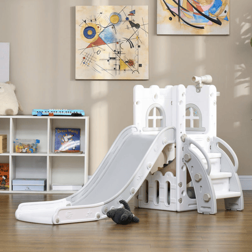 AIYAPLAY Escorrega Infantil 5 em 1 Escorrega para Crianças de 1-3 Anos com Cesto de Basquetebol Telescópio Escalador e Cesta Inferior para Interior e Exterior 70x177x92 cm Branco e Cinza