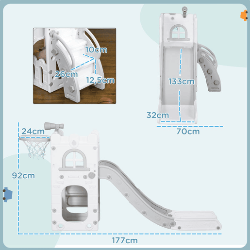 AIYAPLAY Escorrega Infantil 5 em 1 Escorrega para Crianças de 1-3 Anos com Cesto de Basquetebol Telescópio Escalador e Cesta Inferior para Interior e Exterior 70x177x92 cm Branco e Cinza