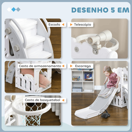 AIYAPLAY Escorrega Infantil 5 em 1 Escorrega para Crianças de 1-3 Anos com Cesto de Basquetebol Telescópio Escalador e Cesta Inferior para Interior e Exterior 70x177x92 cm Branco e Cinza