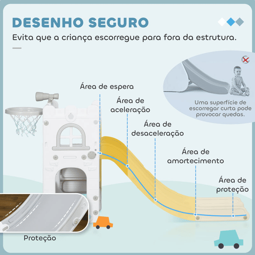 AIYAPLAY Escorrega Infantil 5 em 1 Escorrega para Crianças de 1-3 Anos com Cesto de Basquetebol Telescópio Escalador e Cesta Inferior para Interior e Exterior 70x177x92 cm Branco e Cinza