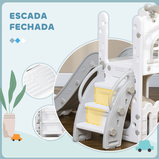 AIYAPLAY Escorrega Infantil 5 em 1 Escorrega para Crianças de 1-3 Anos com Cesto de Basquetebol Telescópio Escalador e Cesta Inferior para Interior e Exterior 70x177x92 cm Branco e Cinza