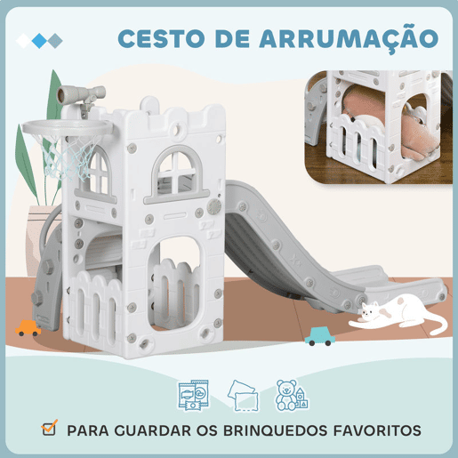 AIYAPLAY Escorrega Infantil 5 em 1 Escorrega para Crianças de 1-3 Anos com Cesto de Basquetebol Telescópio Escalador e Cesta Inferior para Interior e Exterior 70x177x92 cm Branco e Cinza