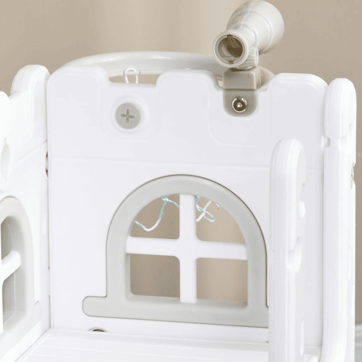 AIYAPLAY Escorrega Infantil 5 em 1 Escorrega para Crianças de 1-3 Anos com Cesto de Basquetebol Telescópio Escalador e Cesta Inferior para Interior e Exterior 70x177x92 cm Branco e Cinza
