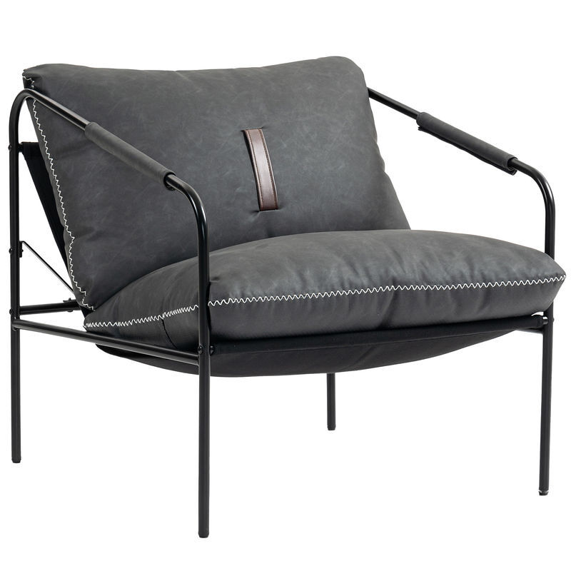 Homcom butaca de salón moderna, sillón de lectura tapizado en cuero sintético, fundas de cojines extraíbles, acolchado grueso, patas de metal, para dormitorio, oficina, gris carbón