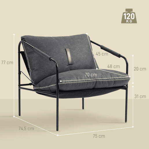 HOMCOM Poltrona Moderna Poltrona de Leitura Estofada em Couro Sintético Capas de Almofadas Removíveis Acolchoamento Espesso Pés de Metal para Quarto Escritório 74,5x75x77 cm Cinza Carvão