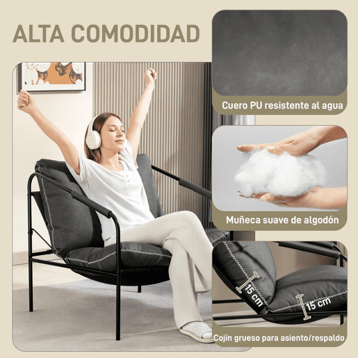 HOMCOM Poltrona Moderna Poltrona de Leitura Estofada em Couro Sintético Capas de Almofadas Removíveis Acolchoamento Espesso Pés de Metal para Quarto Escritório 74,5x75x77 cm Cinza Carvão