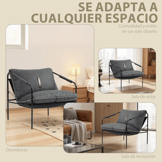 HOMCOM Poltrona Moderna Poltrona de Leitura Estofada em Couro Sintético Capas de Almofadas Removíveis Acolchoamento Espesso Pés de Metal para Quarto Escritório 74,5x75x77 cm Cinza Carvão