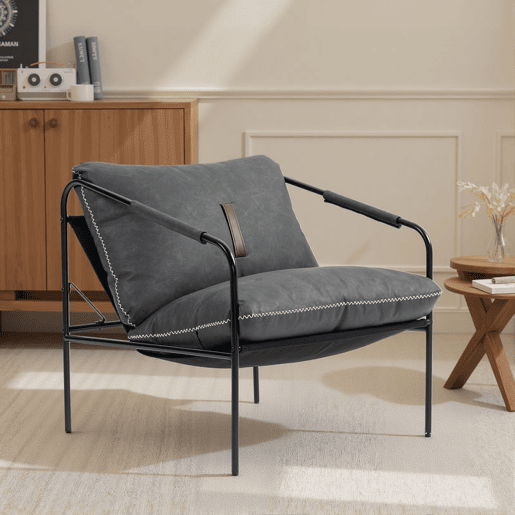 HOMCOM Poltrona Moderna Poltrona de Leitura Estofada em Couro Sintético Capas de Almofadas Removíveis Acolchoamento Espesso Pés de Metal para Quarto Escritório 74,5x75x77 cm Cinza Carvão
