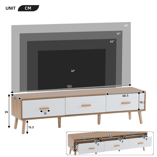 Móvel de TV 150 cm de painel de partículas com 3 gavetas,natural+branco