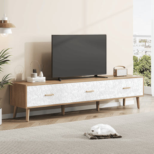 Móvel de TV 150 cm de painel de partículas com 3 gavetas,natural+branco