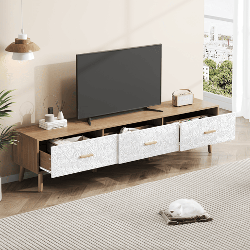 Móvel de TV 150 cm de painel de partículas com 3 gavetas,natural+branco