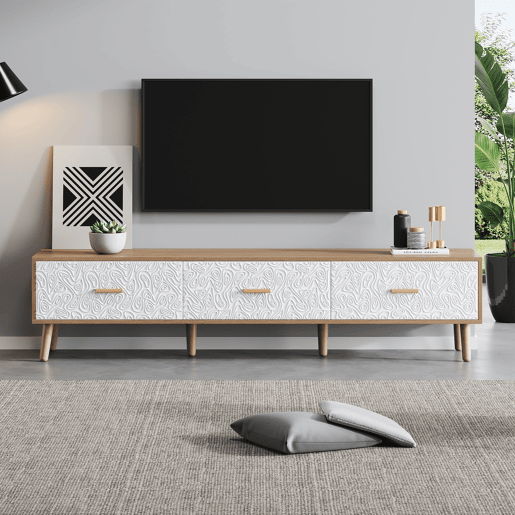 Móvel de TV 150 cm de painel de partículas com 3 gavetas,natural+branco