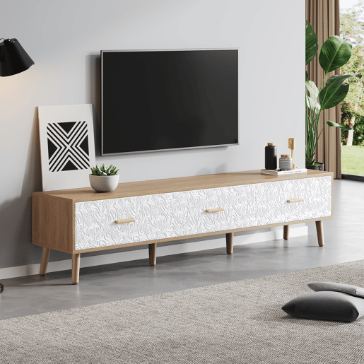 Móvel de TV 150 cm de painel de partículas com 3 gavetas,natural+branco