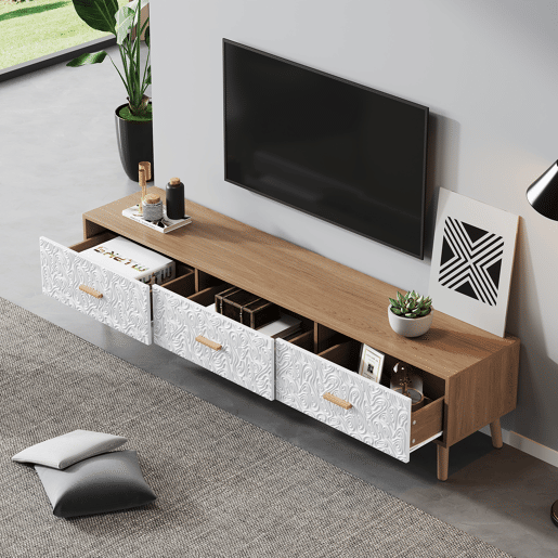 Móvel de TV 150 cm de painel de partículas com 3 gavetas,natural+branco