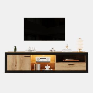 Móvel de TV 160 cm de painel de partículas com 1 porta,1 gaveta e luz led,natural+preto