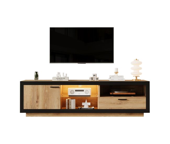 Mueble TV 160 cm de panel de partículas con 1 puerta,1 cajón y luz led,natural+negro