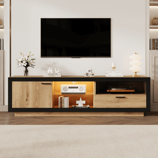 Móvel de TV 160 cm de painel de partículas com 1 porta,1 gaveta e luz led,natural+preto
