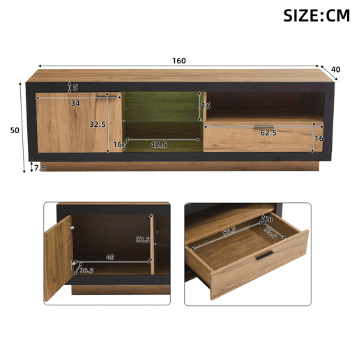 Móvel de TV 160 cm de painel de partículas com 1 porta,1 gaveta e luz led,natural+preto