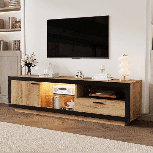 Móvel de TV 160 cm de painel de partículas com 1 porta,1 gaveta e luz led,natural+preto