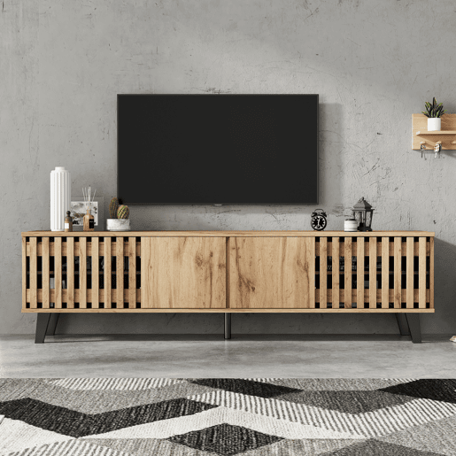 Móvel de TV 180 cm de painel de partículas com 4 portas,natural Móvel de TV 180 cm de painel de partículas com 4 portas,natural