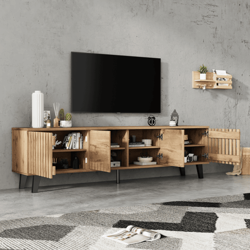 Móvel de TV 180 cm de painel de partículas com 4 portas,natural Móvel de TV 180 cm de painel de partículas com 4 portas,natural