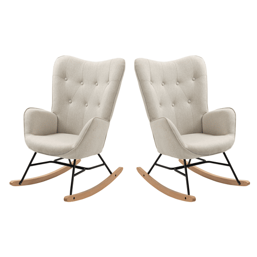 Cadeiras De Balanço Em Tecido Bege Com Encosto Alto Ergonómico E Pernas Curvas Em Madeira, Design Moderno Para Sala Ou Quarto Infantil, Conjunto De 2, Suporta Até 120 Kg, Cadeira De Amamentação Com Assento Acolchoado Para Máximo Conforto