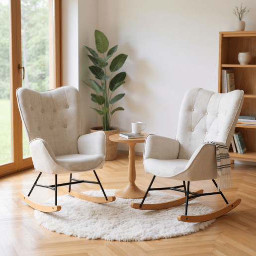 Cadeiras De Balanço Em Tecido Bege Com Encosto Alto Ergonómico E Pernas Curvas Em Madeira, Design Moderno Para Sala Ou Quarto Infantil, Conjunto De 2, Suporta Até 120 Kg, Cadeira De Amamentação Com Assento Acolchoado Para Máximo Conforto