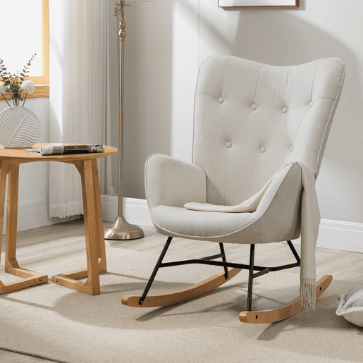 Cadeiras De Balanço Em Tecido Bege Com Encosto Alto Ergonómico E Pernas Curvas Em Madeira, Design Moderno Para Sala Ou Quarto Infantil, Conjunto De 2, Suporta Até 120 Kg, Cadeira De Amamentação Com Assento Acolchoado Para Máximo Conforto