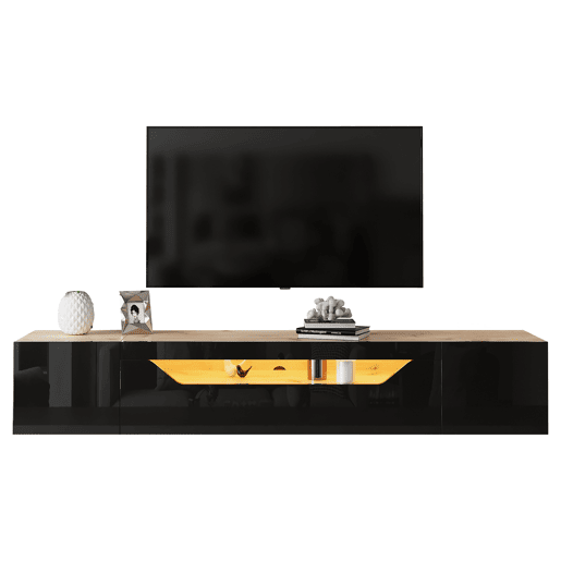 Móvel de TV de parede 180 cm de painel de partículas com 3 portas e luz led,natural+preto