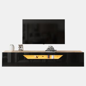 Móvel de TV de parede 180 cm de painel de partículas com 3 portas e luz led,natural+preto