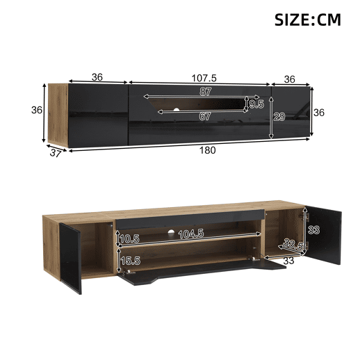 Móvel de TV de parede 180 cm de painel de partículas com 3 portas e luz led,natural+preto