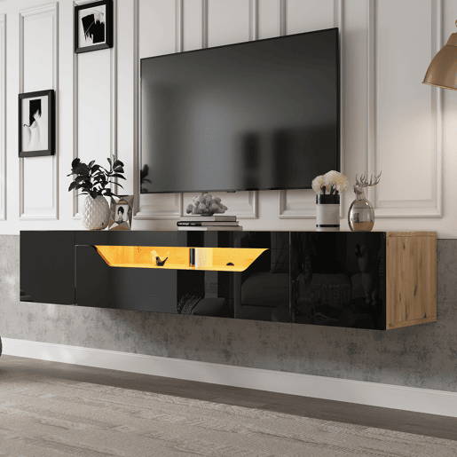 Móvel de TV de parede 180 cm de painel de partículas com 3 portas e luz led,natural+preto