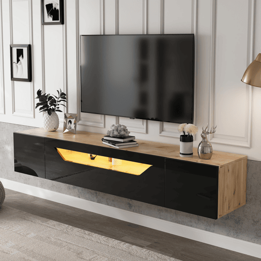 Móvel de TV de parede 180 cm de painel de partículas com 3 portas e luz led,natural+preto