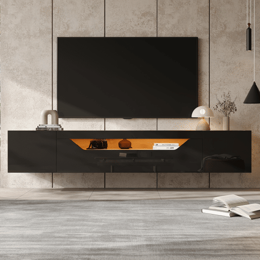 Móvel de TV de parede 180 cm de painel de partículas com 3 portas e luz led,natural+preto