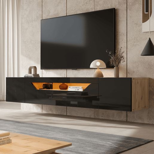 Móvel de TV de parede 180 cm de painel de partículas com 3 portas e luz led,natural+preto