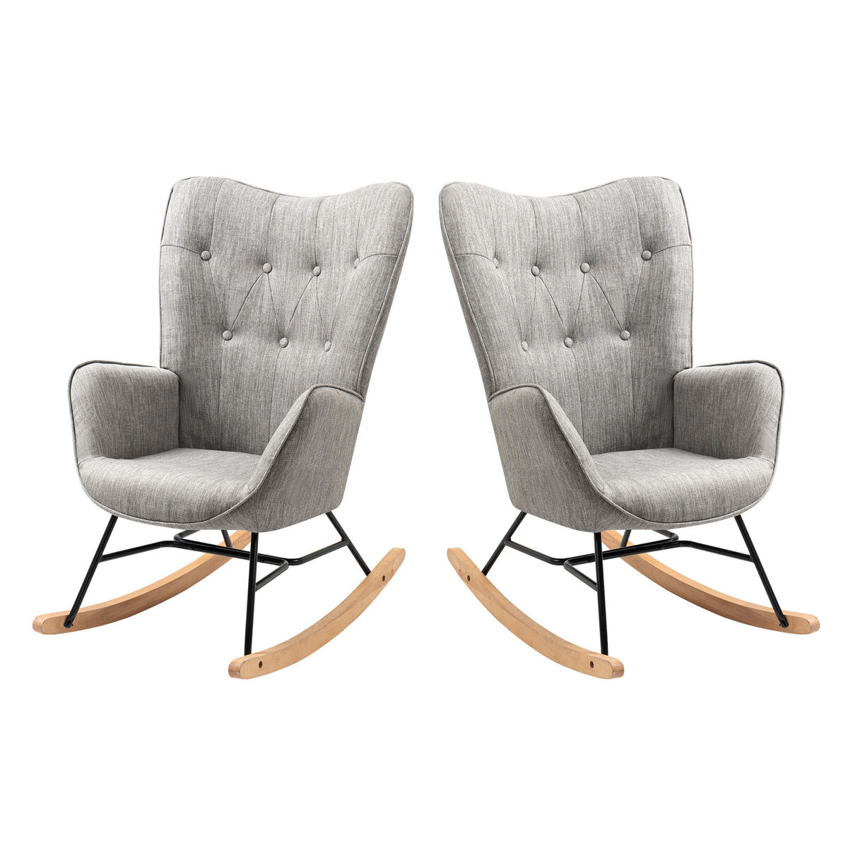 Sillas mecedoras de tela gris con respaldo alto ergonómico y patas curvas de madera, diseño moderno para salón o habitación infantil, set de 2,