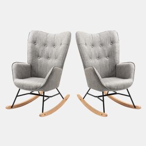 Cadeiras De Balanço Em Tecido Cinzento Com Encosto Alto Ergonómico E Pernas Curvas Em Madeira, Design Moderno Para Sala Ou Quarto Infantil, Conjunto De 2, Suporta Até 120 Kg, Assento Acolchoado Ideal Para Amamentação, Leitura E Relaxamento